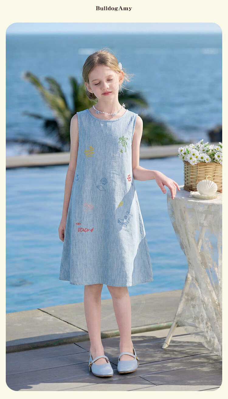 CHANZUIGOU Girls' Tencel Linen Denim Dress 2026 Summer New Elegant Printed Sleeveless Dress 17